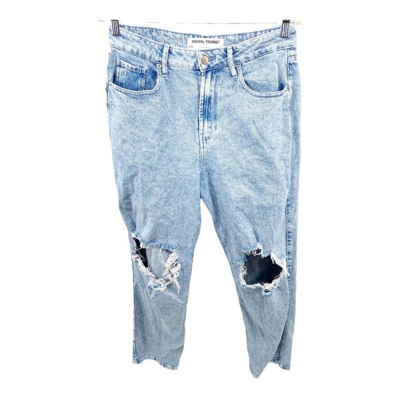 Social Tourist Distressed Boyfriend Jeans Hi-Rise Medium Wash Stretch Sz 30 - Picture 1 of 9